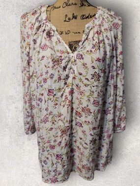 Jones & Co. Floral Peasant Blouse - White with Pink & Green Floral Print Size 1X